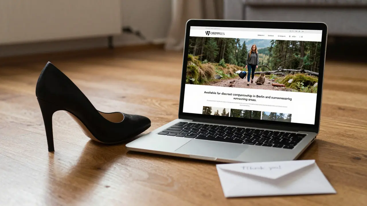 A high-heeled shoe rests beside a laptop showing a serene nature photo and discreet text, symbolizing private companionship.