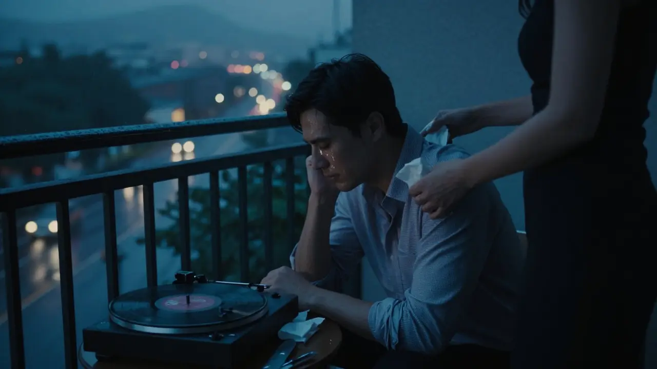 A man cries quietly on a hotel balcony at night while a woman offers him a tissue, jazz playing softly.