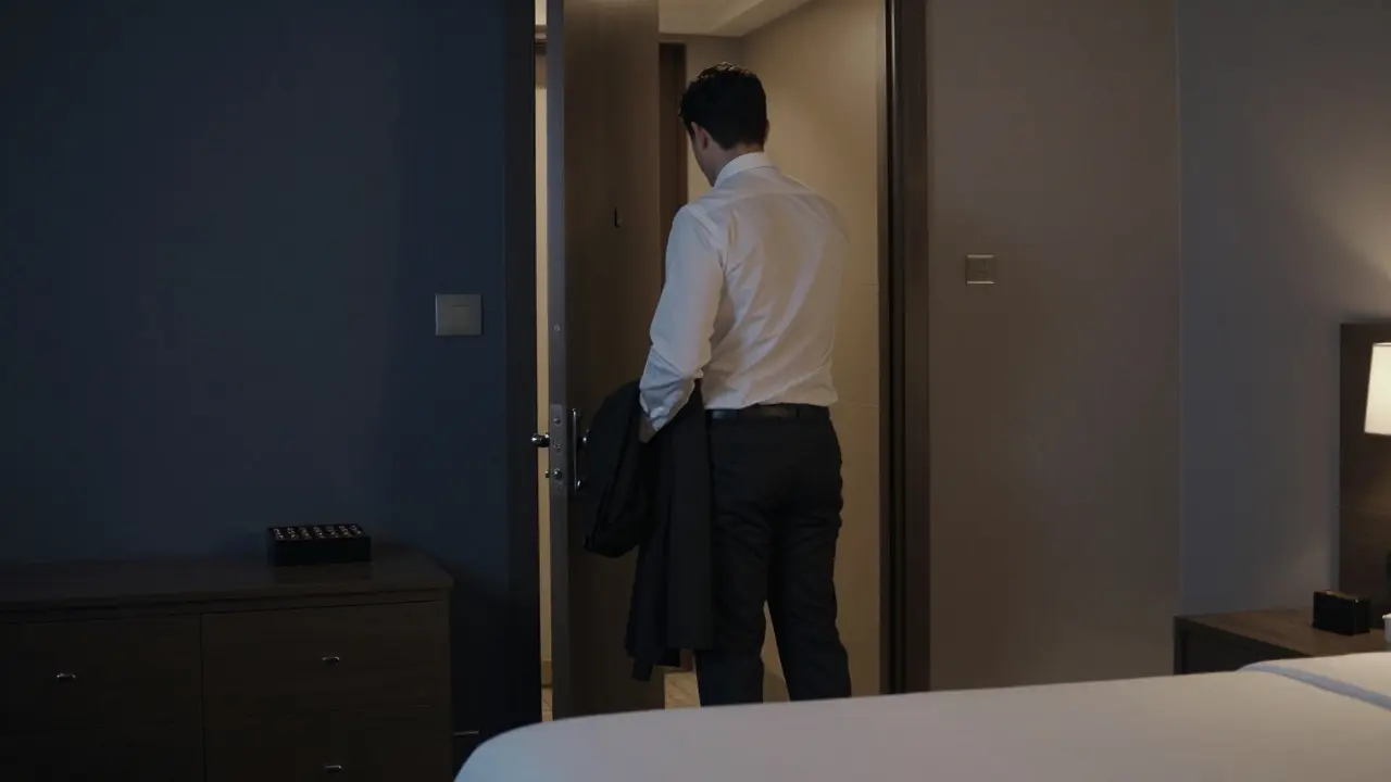 A man gently closes a hotel room door, leaving the space tidy and respectful, his shadow receding into the hallway.