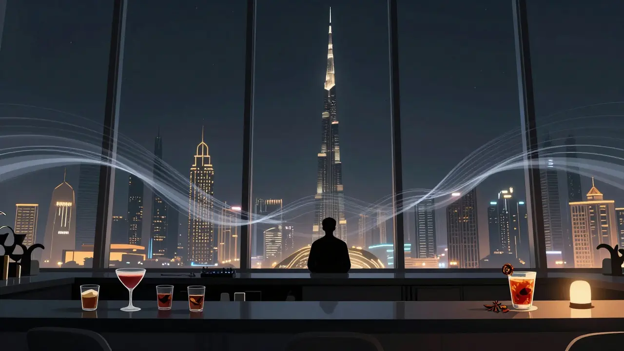 A person overlooking Abu Dhabi&#039;s skyline from a high rooftop lounge, city lights glowing below in the dark.