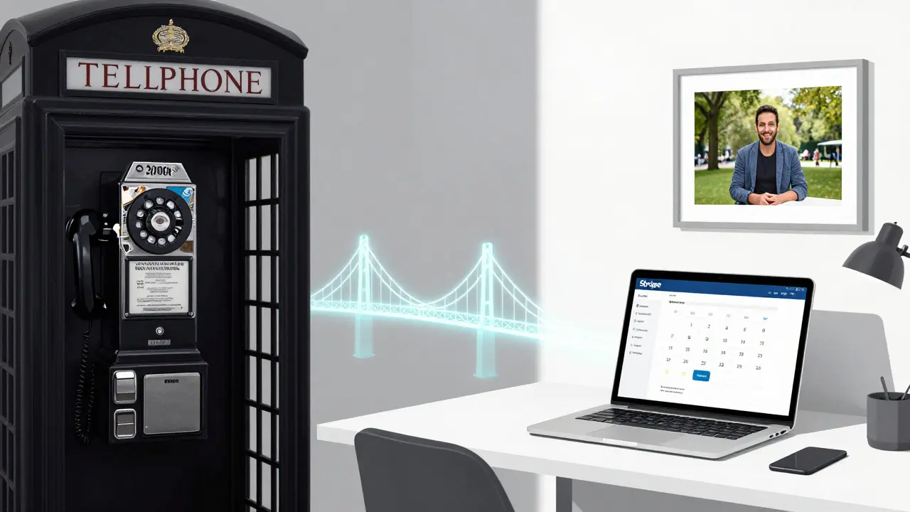 A split scene showing the evolution of escort work from hidden phone booths to professional online platforms in London.