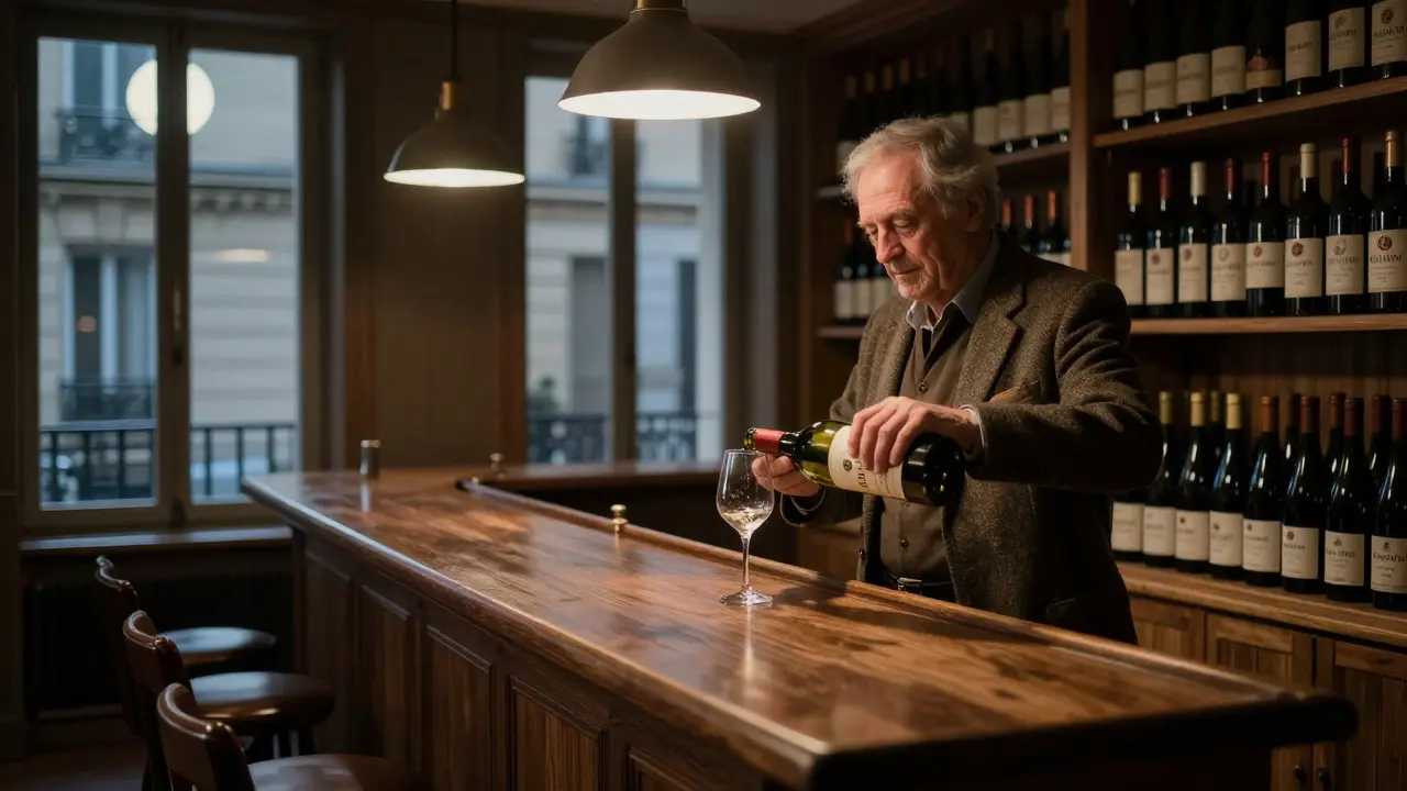 An elderly man pouring aged Bordeaux in a quiet, wood-paneled wine cellar with vintage bottles lining the shelves