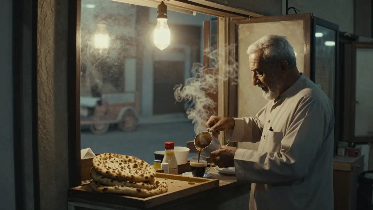 An old café at dawn in Abu Dhabi, a man pouring coffee as steam rises, warm light in a quiet morning setting.