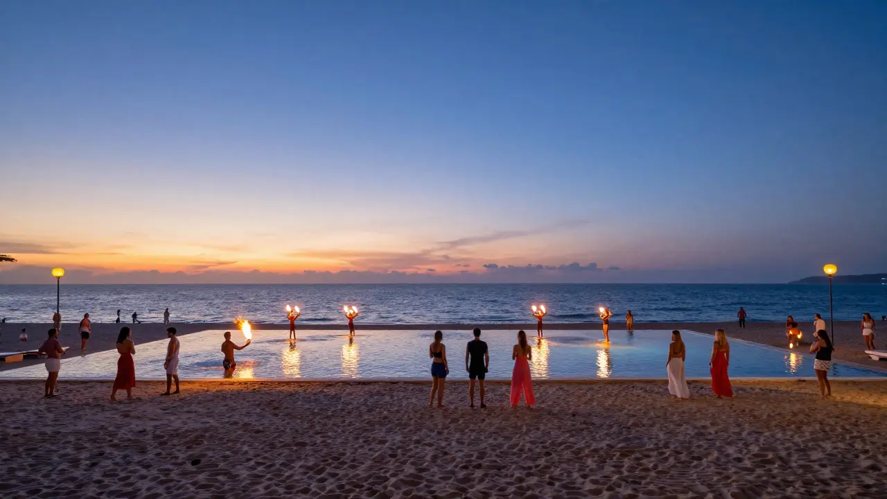 Beach club at dusk transitioning to night with lanterns, fire dancers, and ocean backdrop.