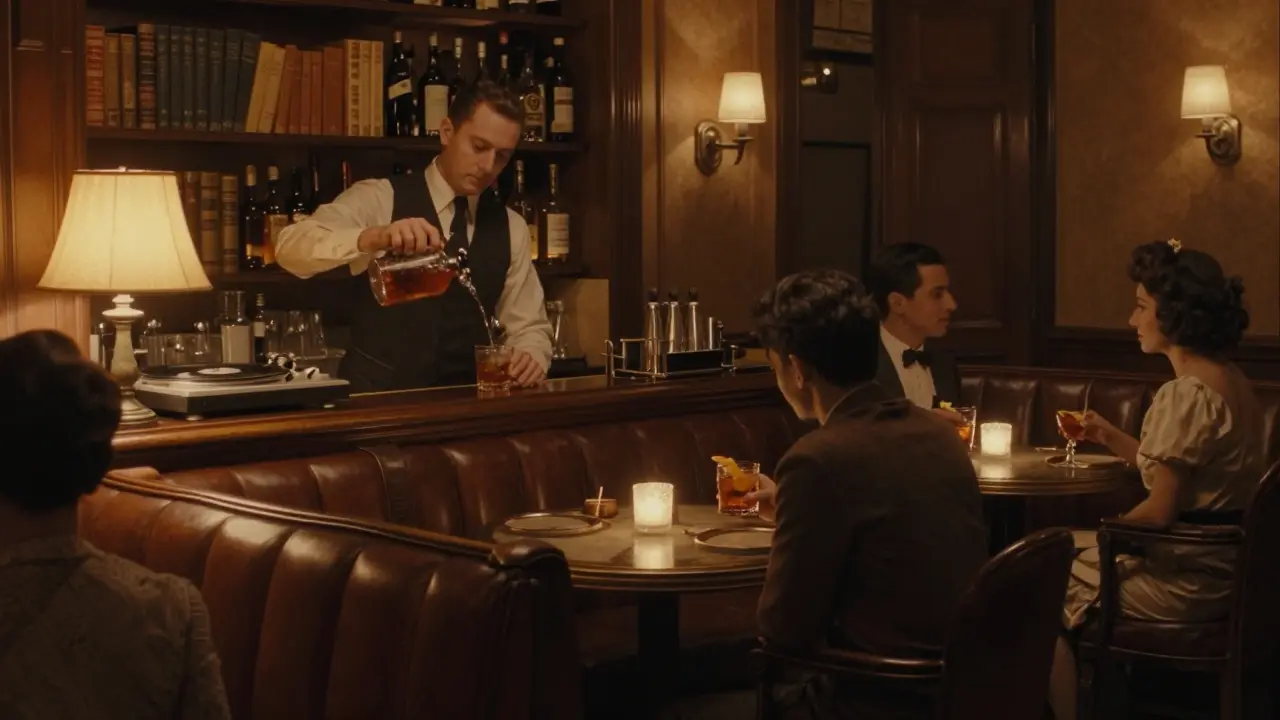 Cozy interior of Bar Basso in Brera, bartender pouring a classic Negroni Sbagliato in vintage surroundings.