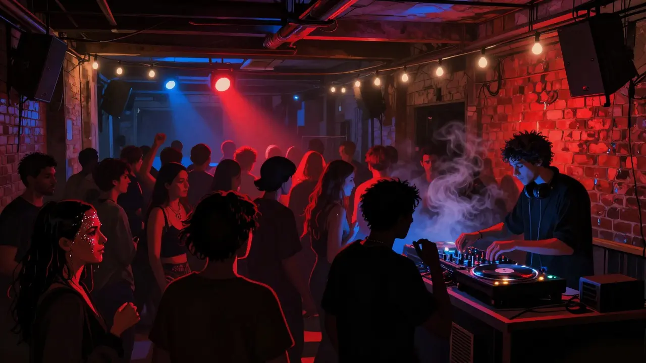 Crowd dancing in a dim, industrial nightclub with live electronic music in Porta Genova.