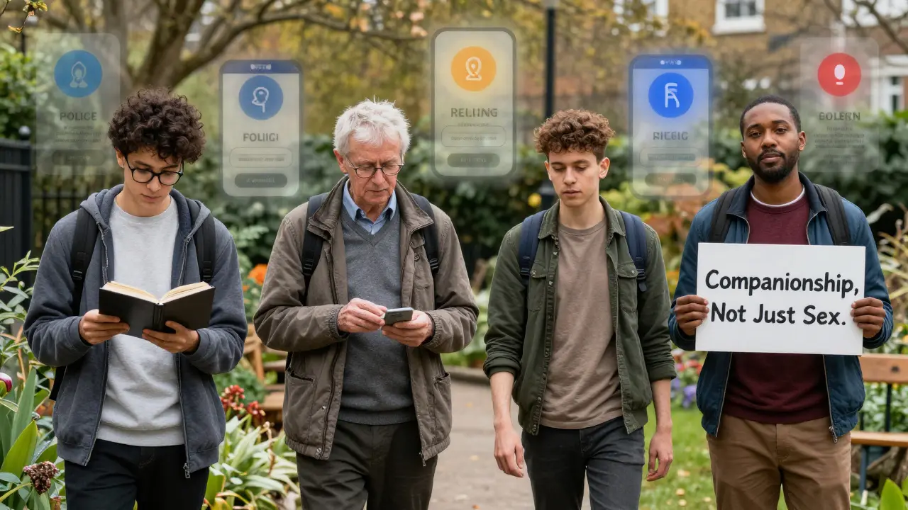 Diverse individuals engaged in companionship services, with subtle safety and societal tensions fading into the background.