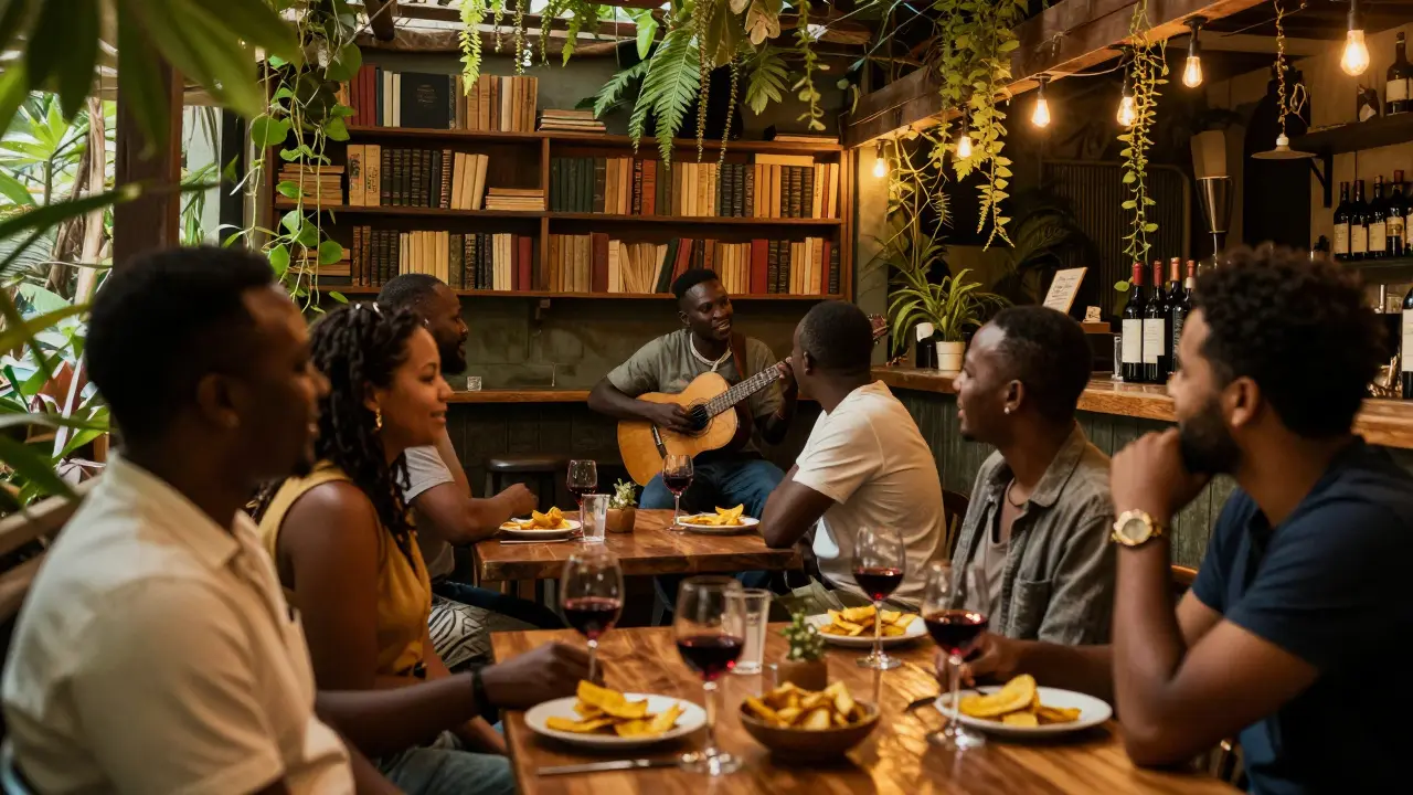 Guests enjoying African wine and plantain chips in a bohemian bar with jungle decor and live guitar music