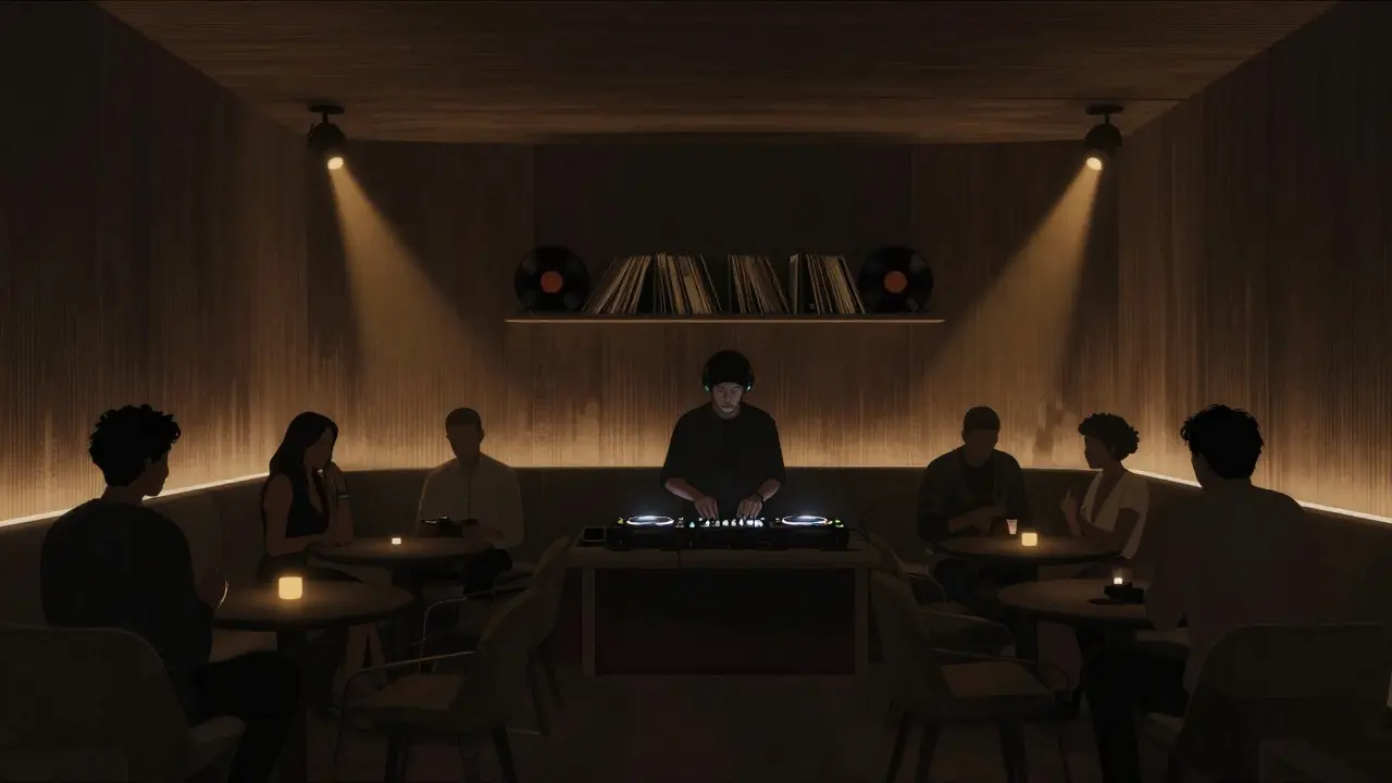Intimate lounge with dark wood interiors and people lost in music under soft light.