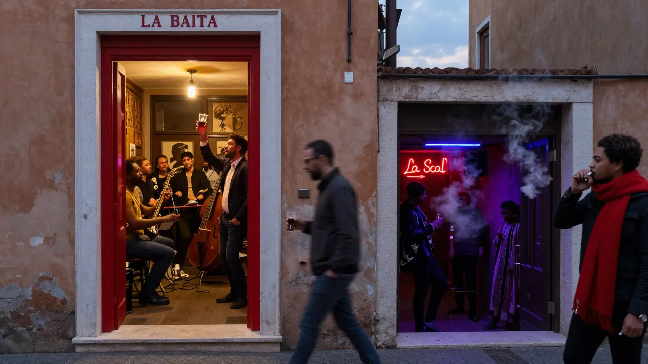 Red door of La Baita in Porta Venezia with glowing light spilling out, hinting at lively jazz and underground club below.