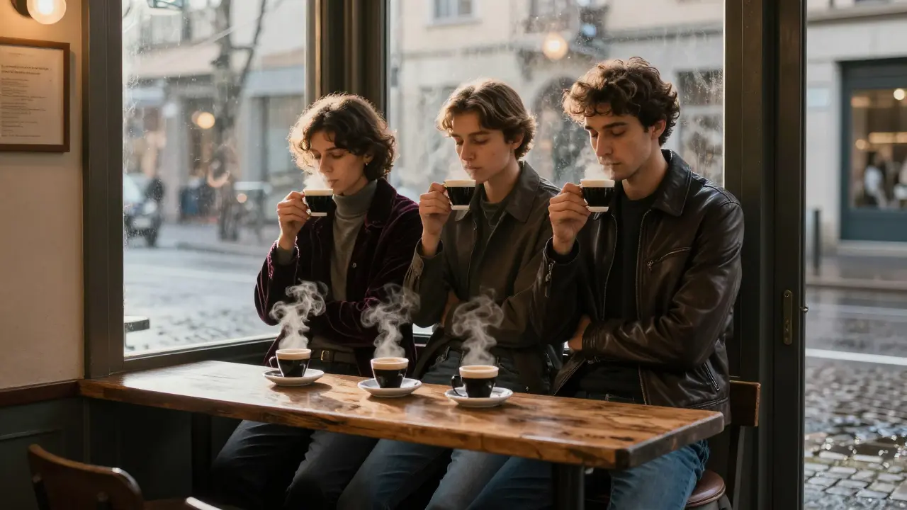 Strangers sharing a quiet moment drinking espresso at dawn in a tiny Milanese café.