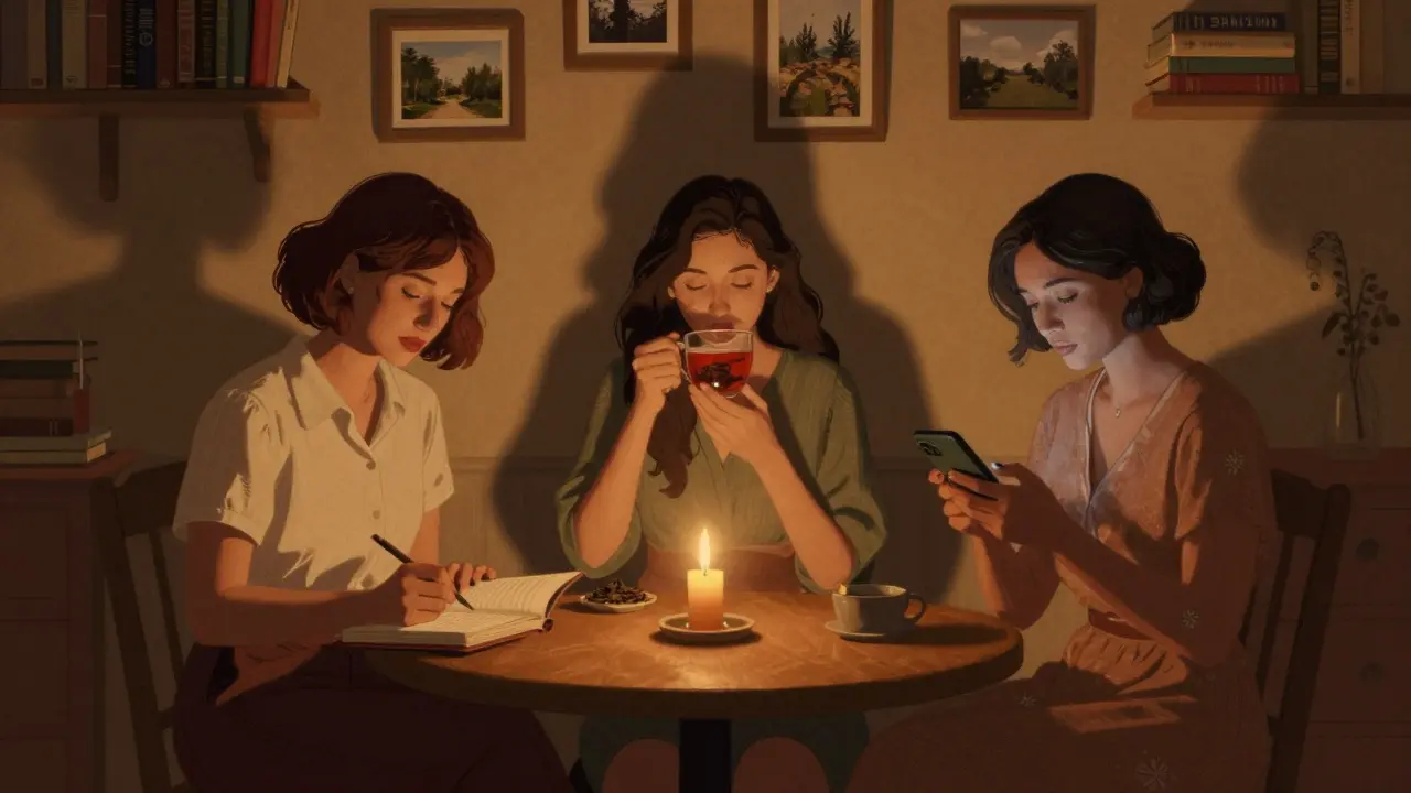 Three women sit quietly together in a cozy apartment, sharing moments of rest and reflection in soft candlelight.