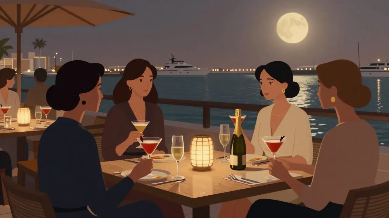Women enjoying cocktails on a serene marina terrace under moonlight with elegant decor.